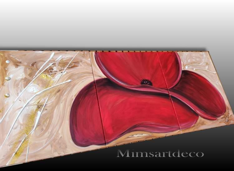 Tableau triptyque Eclosion rouge -Peinture acrylique moderne