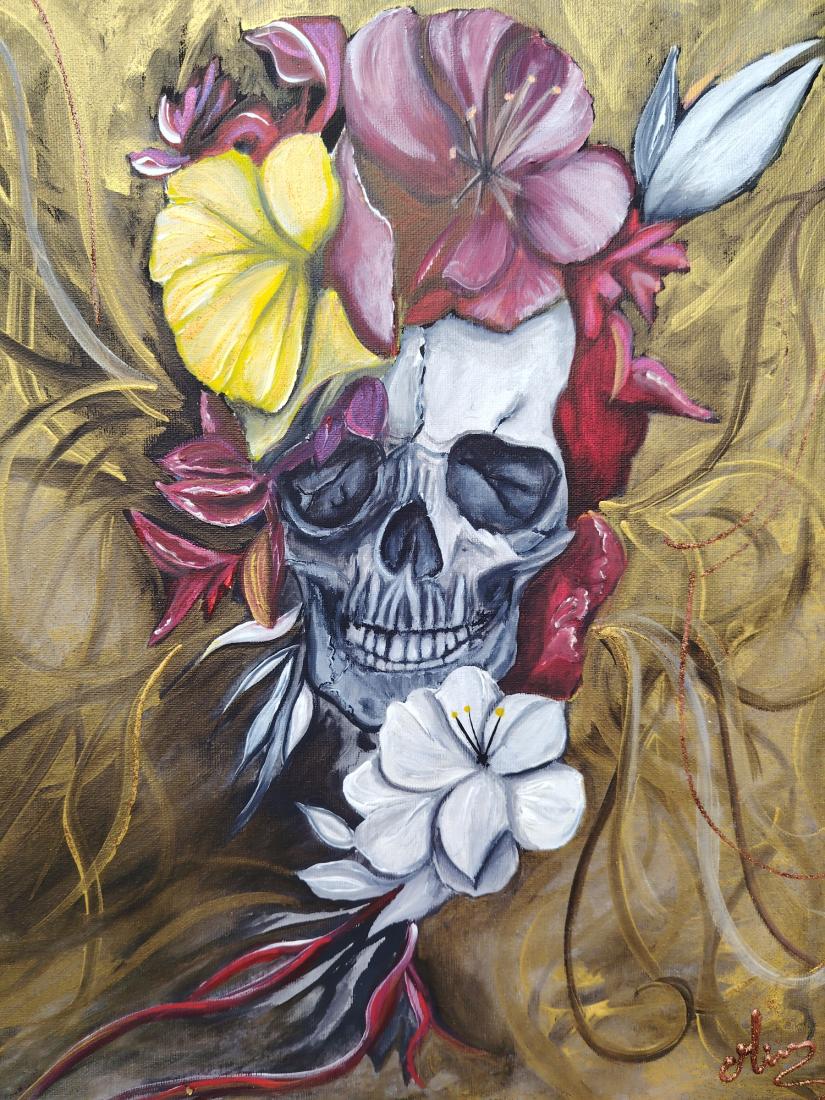 Tableau abstrait tête de mort – Peinture calaveras fleurs | Art mural original