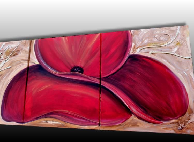 Tableau triptyque Eclosion rouge -Peinture acrylique moderne