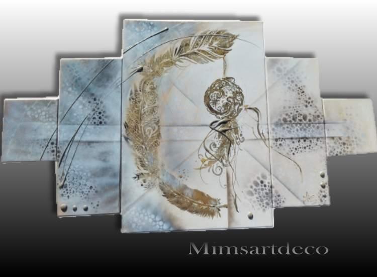 Tableau moderne abstrait multi-panneaux – Plume dorée & arabesques – Œuvre unique