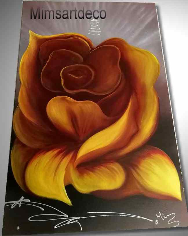 tableau peinture rande rose jaune et rouge 